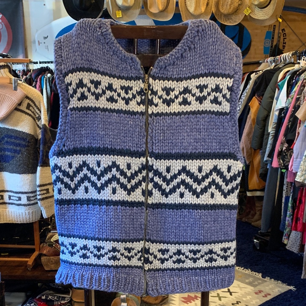 Women's Cowichan Blue and White Knit Cardigan Vest